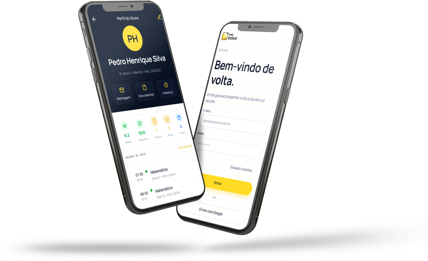 App WebScola para iOS e Android: tela de login e perfil do aluno com média, frequência, faturas, avisos e agenda do dia