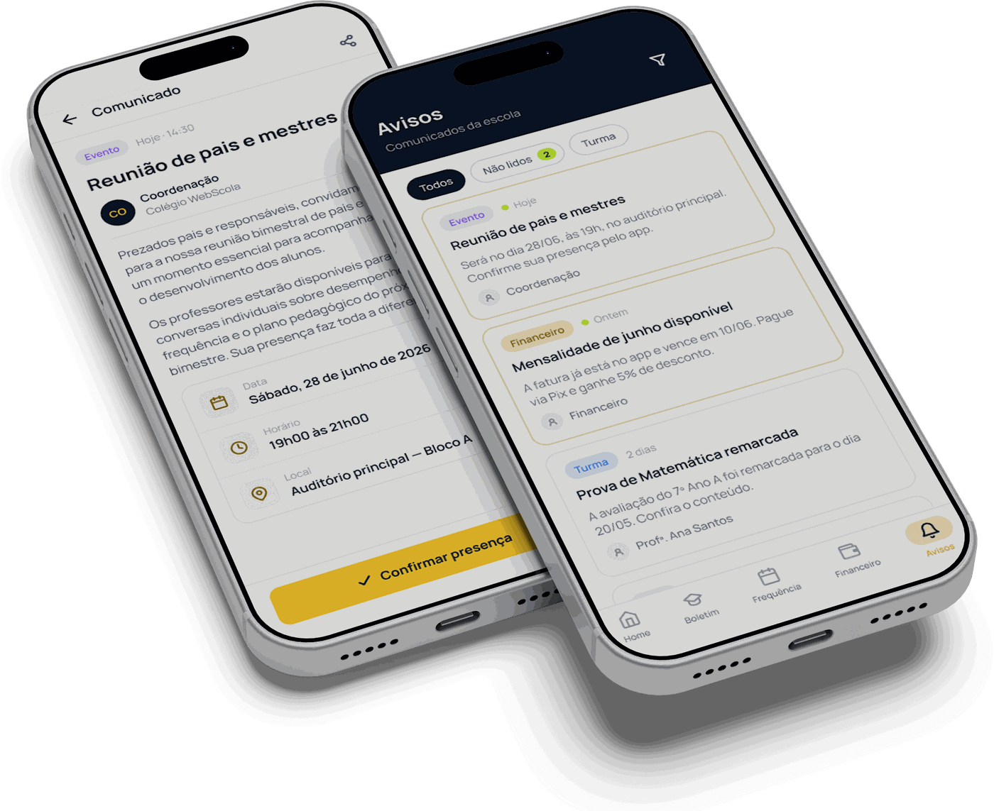 App WebScola: central de avisos com filtros de não lidos e turma, e comunicado de reunião de pais com data, horário, local e botão de confirmar presença