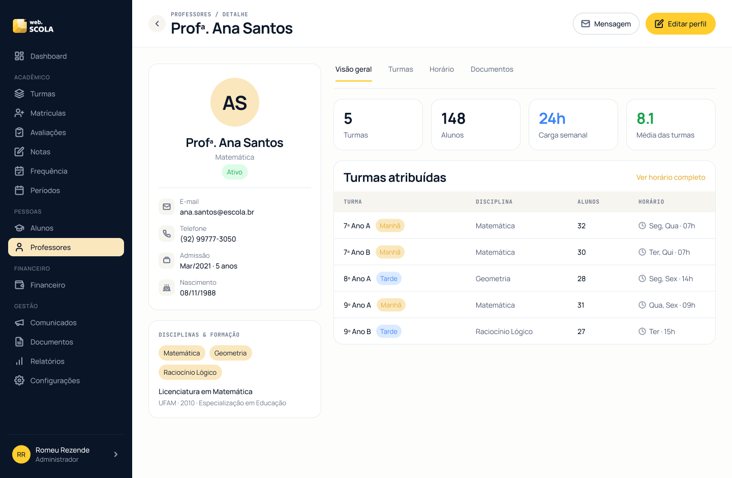 Perfil do professor na WebScola: turmas atribuídas, disciplinas, carga horária semanal, formação e contatos