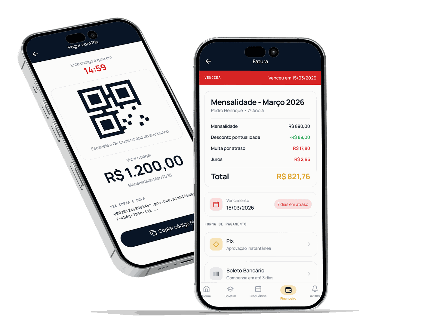 App WebScola: pagamento de mensalidade escolar por PIX com QR Code e copia-e-cola, e fatura detalhada com desconto de pontualidade, multa e juros
